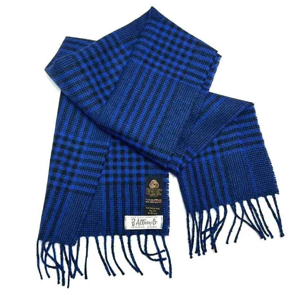 B. Altman & Co Vintage Men's Wool Scarf Blue Black Glen Check West Germany made